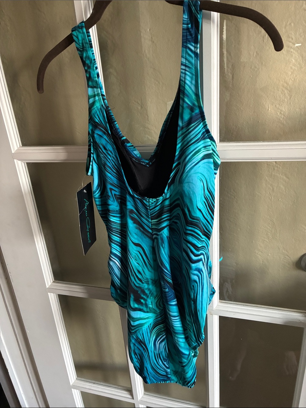 Woman’s Teal Wave-Print One-Piece Swimsuit Medium 8/10 New - Picture 5 of 8